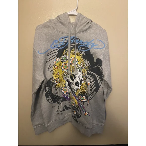 Ed Hardy Hoodie Size M Yellow Hair Skull Heather Grey NEW - Picture 1 of 3